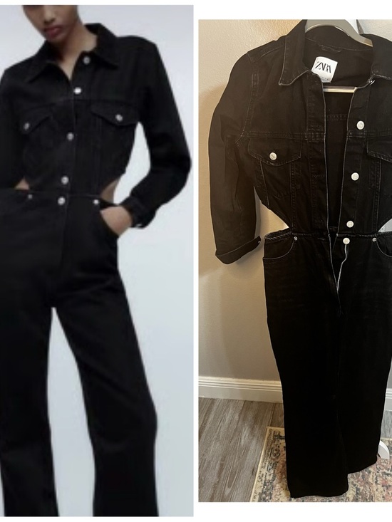 Zara Pants - Zara Small Black Denim Jumpsuit Waist Cutouts Long Sleeve Classic Womens
Jean